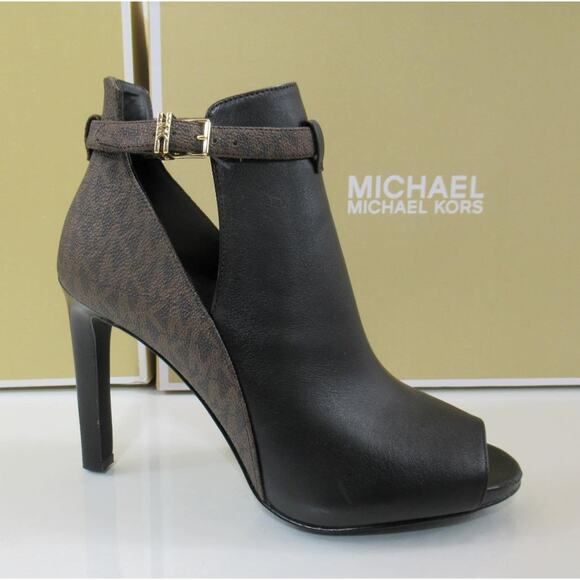 Michael Kors Lawson Open Toe High Heel Buckled Bootie Black / Brown Size 7.5 - Picture 1 of 8